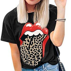 Womens Red Lips Leopard Print Tongue T-Shirt XXL